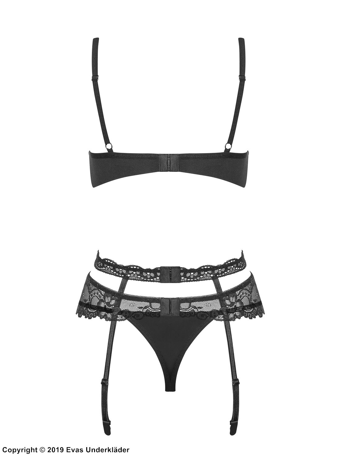 Seductive lingerie set, lace cups, rhinestone heart, garter belt